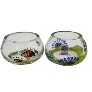 Nagel Glass Votive Candle Holders Hand Painted Colorful Heavy Glass Floral Two